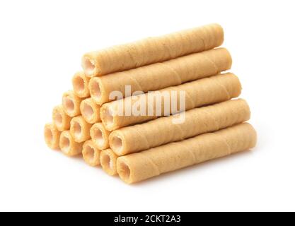 Stack of creamy wafer rolls isolated on white Stock Photo