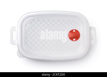 Top view of  plastic storage food container with valve isolated on white Stock Photo