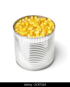 Open tin can with sweet corn isolated on white Stock Photo
