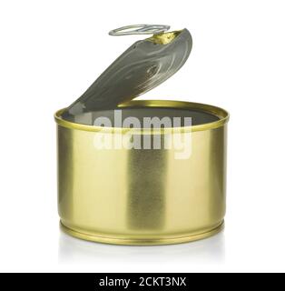 Empty open golden tin can isolated on white Stock Photo