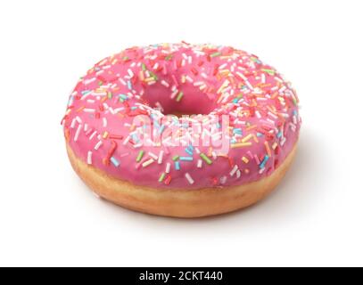 Pink frosted donut with colorful sprinkles isolated on white Stock Photo