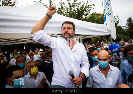 Venaria Reale, Italy. 16th Sep, 2020. VENARIA REALE, ITALY - September 16, 2020: Head of the League party Matteo Salvini gestures as he delivers a speech during a election rally. On 20 and 21 September Italians will vote for a referendum to confirm the cut in the number of parliamentarians. On the same days, administrative elections are scheduled in 1184 municipalities and in 7 regions. (Photo by Nicolò Campo/Sipa USA) Credit: Sipa USA/Alamy Live News Stock Photo