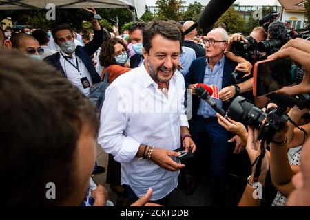 Venaria Reale, Italy. 16th Sep, 2020. VENARIA REALE, ITALY - September 16, 2020: Head of the League party Matteo Salvini speaks with joutnalists during a election rally. On 20 and 21 September Italians will vote for a referendum to confirm the cut in the number of parliamentarians. On the same days, administrative elections are scheduled in 1184 municipalities and in 7 regions. (Photo by Nicolò Campo/Sipa USA) Credit: Sipa USA/Alamy Live News Stock Photo