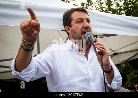 Venaria Reale, Italy - 16 September, 2020: Head of the League party Matteo Salvini gestures as he delivers a speech during a election rally. On 20 and 21 September Italians will vote for a referendum to confirm the cut in the number of parliamentarians. On the same days, administrative elections are scheduled in 1184 municipalities and in 7 regions. Credit: Nicolò Campo/Alamy Live News Stock Photo