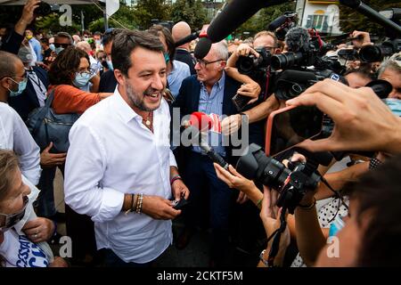 Venaria Reale, Italy - 16 September, 2020: Head of the League party Matteo Salvini speaks with joutnalists during a election rally. On 20 and 21 September Italians will vote for a referendum to confirm the cut in the number of parliamentarians. On the same days, administrative elections are scheduled in 1184 municipalities and in 7 regions. Credit: Nicolò Campo/Alamy Live News Stock Photo