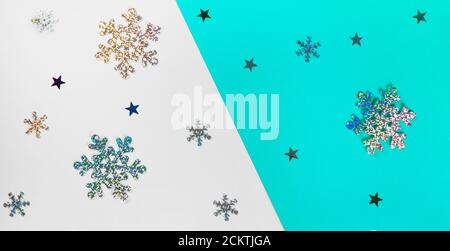 Christmas decoration background. Christmas theme wallpaper in flat lay from above. Snowflakes. Flyer. copyspace Stock Photo