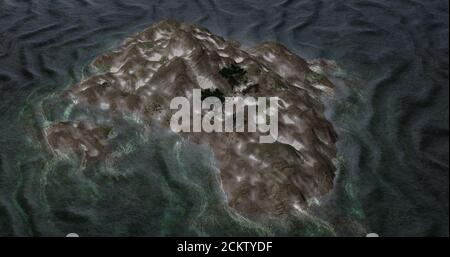 3d illustration lonely island in wide wild ocean with waves, rendered Stock Photo