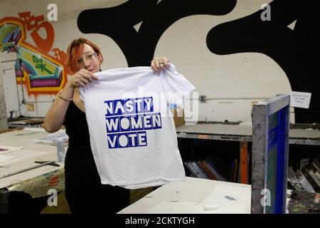 Bob Bland, CEO and founder of Manufacture NY and nastywoman.co shows her first T-shirt with the words 'Nasty Women Vote' at the Gowanus Print Lab in the Brooklyn borough of New York City, U.S., October 24, 2016.  REUTERS/Brendan McDermid