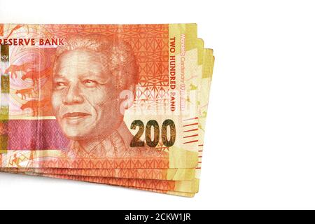 An isolated pile of two hundred rand notes currency from South Africa Stock Photo