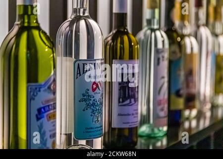 Absinthe in France and Switzerland. The green fairy - La fée verte - Absinthe was the first alcoholic beverage that women were allowed to drink in public in the mid-19th century without being counted among the disreputable demimonde. Val-de-Travers, Switzerland Stock Photo