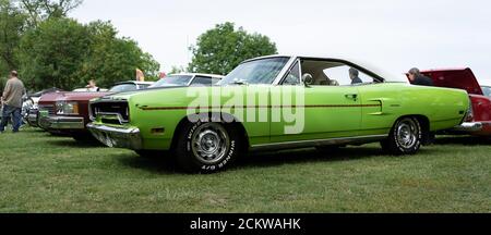 DIEDERSDORF, GERMANY - AUGUST 30, 2020: The muscle car Plymouth Road Runner, 1970. The exhibition of 'US Car Classics'. Stock Photo