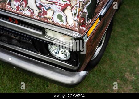 DIEDERSDORF, GERMANY - AUGUST 30, 2020: Fragment of the full-size pickup truck Ford F-150 Ranger XLT, 1979. The exhibition of 'US Car Classics'. Stock Photo