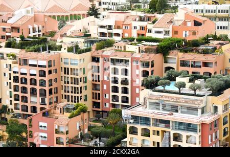 Monaco, Europe - January 2018:  Close up view looking down on apartment buildings with rooftop gardens Stock Photo