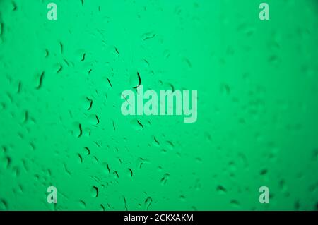 Image of a wet glass with drops of water illuminated with green light. Conceptual, Abstract Stock Photo