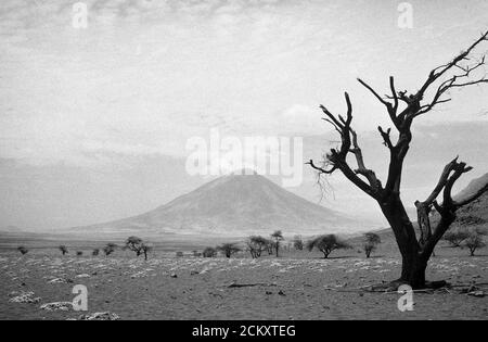 Monochrome image of Ol Doinyo Lengai, an active volcano in the Great Rift Valley, Tanzania. Stock Photo