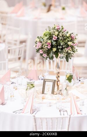 Wedding flower bouquet on a decorated festive table Stock Photo