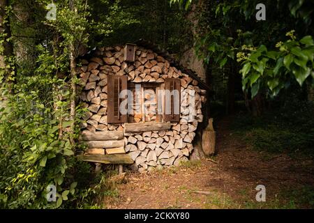 funny woodpile house in the middle of the green forest with a window and shutters and a bird house and a brown carnival mask with white teeth hanging Stock Photo
