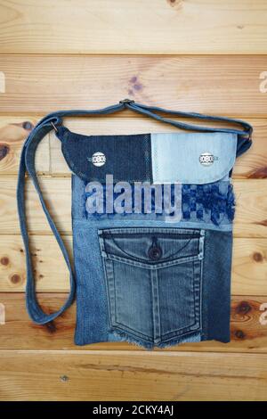 Home made bag of recycled jeans Stock Photo