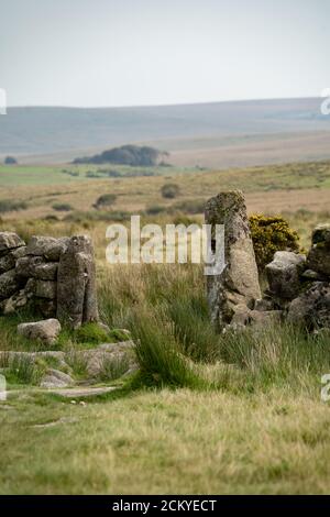 A gateway in a dry stone wall, Wistman's Wood, Dartmoor, Devon, UK. One of the highest oakwoods in Britain an example of native upland oak woodland. Stock Photo