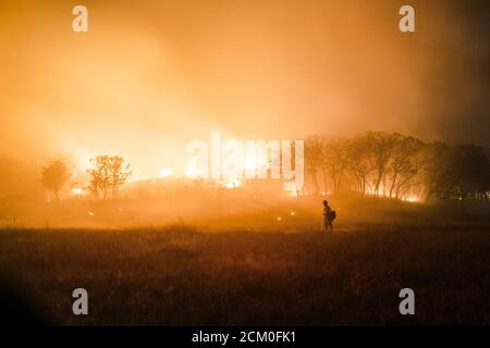 Wyoming Hotshots during night operations at the Pine Gulch Fire on the Western Slope August 3, 2020 near Grand Junction, Colorado. The wildfire is the largest in the history of Colorado destroying tens of thousands of ranch and wildlife habitats. Stock Photo