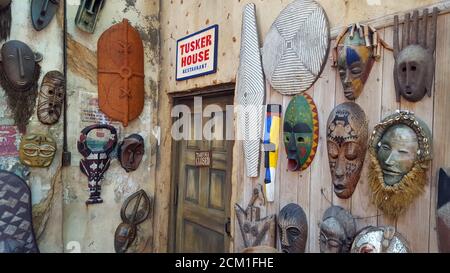African Tribal masks on the entrance of the Tusker House Restaurant at Magic Kingdom, Walt Disney World, Orlando, Florida, United States Stock Photo