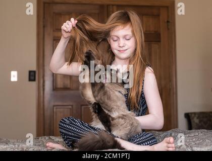 Young Red Haired Girl Playing With a Cat Stock Photo