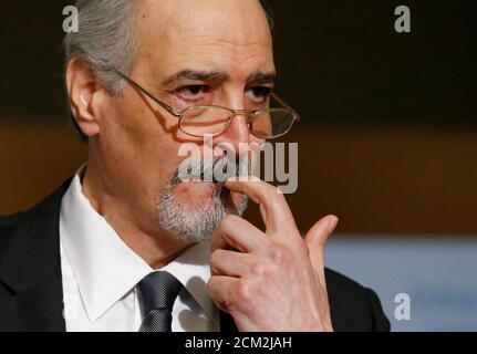Bashar al-Ja'afari, Syrian chief negotiator and Ambassador of the Permanent Representative Mission of Syria to the UN in New York, attends a news conference after a round of negotiations during the Intra-Syrian talks at the United Nations in Geneva, Switzerland March 24, 2017. REUTERS/Denis Balibouse