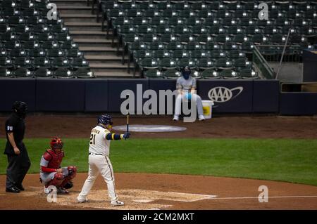 September 5, 2021: Milwaukee Brewers first baseman Daniel Vogelbach #20  watches his grand slam home run during MLB baseball game between the St.  Louis Cardinals and the Milwaukee Brewers at American Family