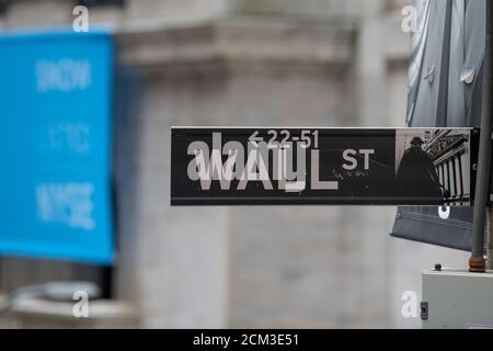 Manhattan, New York, USA. 16th Sep, 2020. An overall view of The Wall Street street sign in Manhattan, New York. Mandatory credit: Kostas Lymperopoulos/CSM/Alamy Live News Stock Photo