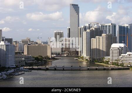 Archival September 2005 aerial view of Brickell Key Driver and downtown Miami waterfront high rise buildings. Stock Photo