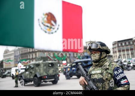 Mexico City, Mexico. 16th Sep, 2020. A marine attends Mexico's Independence Day military parade in Mexico City, capital of Mexico, Sept. 16, 2020. Credit: Francisco Canedo/Xinhua/Alamy Live News Stock Photo