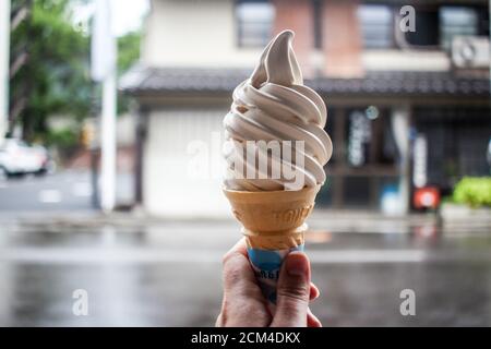 Miso flavoured soft serve ice cream (soft cream) in Nagano Stock Photo