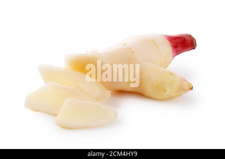 Fresh ginger and sliced fresh ginger on a white background Stock Photo