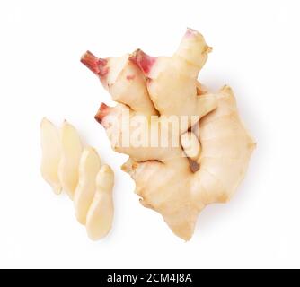 Fresh ginger and sliced fresh ginger on a white background Stock Photo