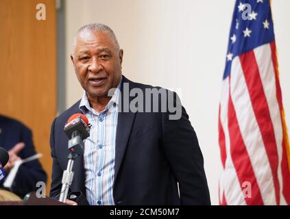 St. Louis, United States. 16th Sep 2020. Former St. Louis Cardinals and National Baseball Hall of Fame member Ozzie Smith, makes his remarks during ceremonies celebrating the completion of the superfund cleanup of the old Carter Carburetor site in St. Louis on Wednesday, September 16, 2020.  Smith is a board member of the Gateway PGA Reach that will assist the youth pursue golf at the new site. Credit: UPI/Alamy Live News Stock Photo