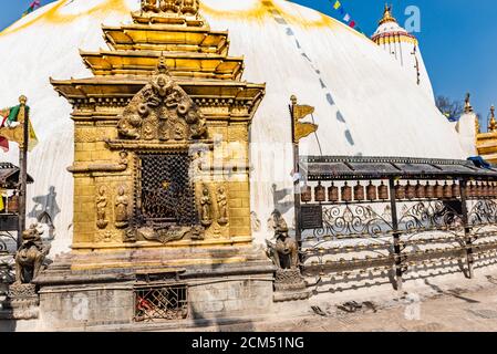Tower of the Boudhanath Stupa decorated with flags in Kathmandu, Nepal. Stock Photo