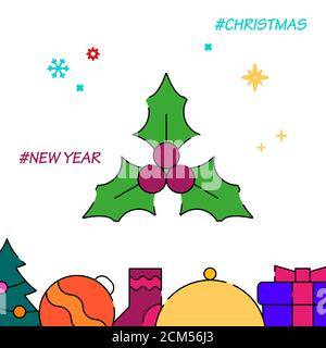 Holly berry christmas leaves and fruits filled line icon, simple illustration, New Year, Christmas related bottom border. Stock Photo