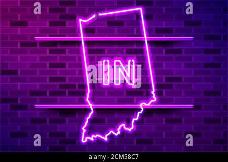 Indiana US state glowing neon lamp sign. Realistic illustration. Purple brick wall, violet glow, metal holders. Stock Photo