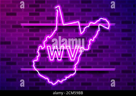 West Virginia US state glowing neon lamp sign. Realistic illustration. Purple brick wall, violet glow, metal holders. Stock Photo