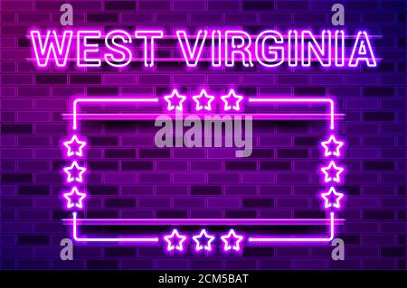 West Virginia US State glowing purple neon lettering and a rectangular frame with stars. Realistic illustration. Purple brick wall, violet glow, metal Stock Photo