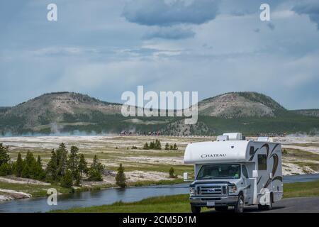 Yellowstone NP, WY, USA - July 6, 2019: Enjoying the captivated view from our RV Stock Photo