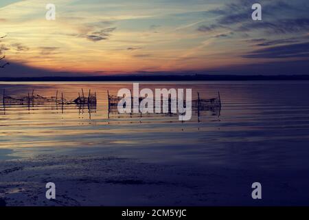 Sunset over water, Belmont Bay with netting fence in shallow water in silhouette of land and trees. Stock Photo