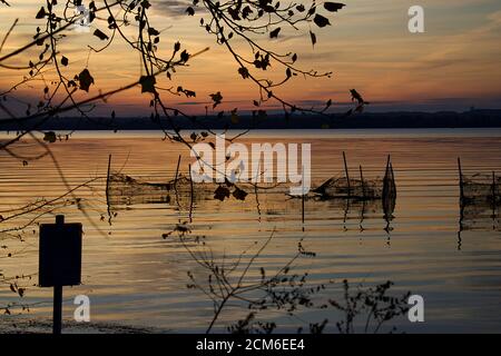 Sunset over water, Belmont Bay with netting fence in shallow water in silhouette of land and trees. Stock Photo