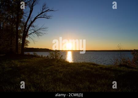 Sunset over Belmont Bay with silhouette barren tree branch and river bank. Stock Photo