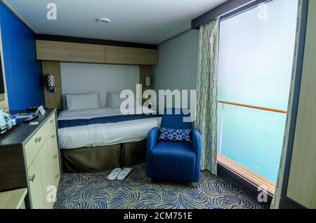 cruise ship, internal cabin on the liner, virtual balcony, inside cruise life Stock Photo