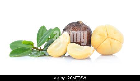 Snake fruit,Salacca,zakacca (Salak Indo) with green leaves isolated on white background Stock Photo