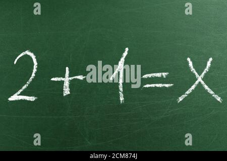 Math equation for the elementary School classes written on the green blackboard. Concept of education and learning Stock Photo