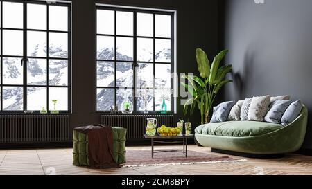 Modern interior design, in a spacious room, next to a table with flowers against a gray wall. Bright, spacious room with a comfortable sofa, plants an Stock Photo