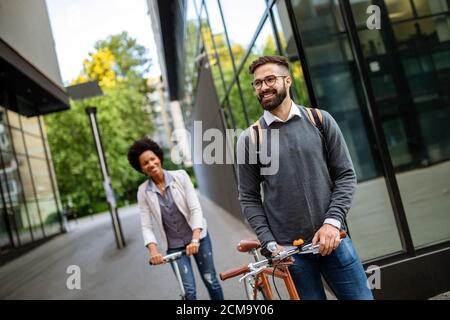 Happy young couple with bicycle. Love, relationship, people, freedom concept. Stock Photo
