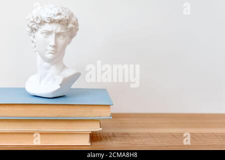 Gypsum copy of David's head on a bookshelf. Michelangelo's David plaster copy bust standing on books. Ancient greek sculpture, statue of hero on Stock Photo